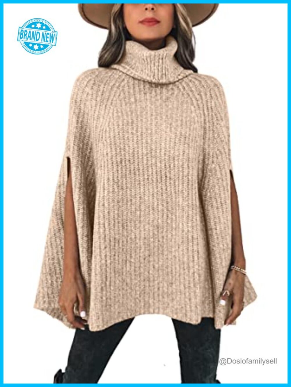 Turtleneck Chunky Knit Poncho Sweater Cape Pullover